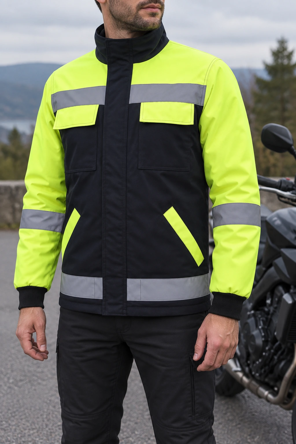 Lacivert Sarı Elyaflı Mont &mdash; motosiklet yanında kullanım konsepti
