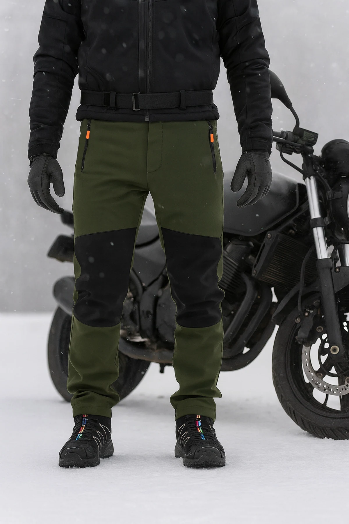 Haki Siyah Polarlı Softshell Pantolon &mdash; motosiklet yanında kullanım konsepti