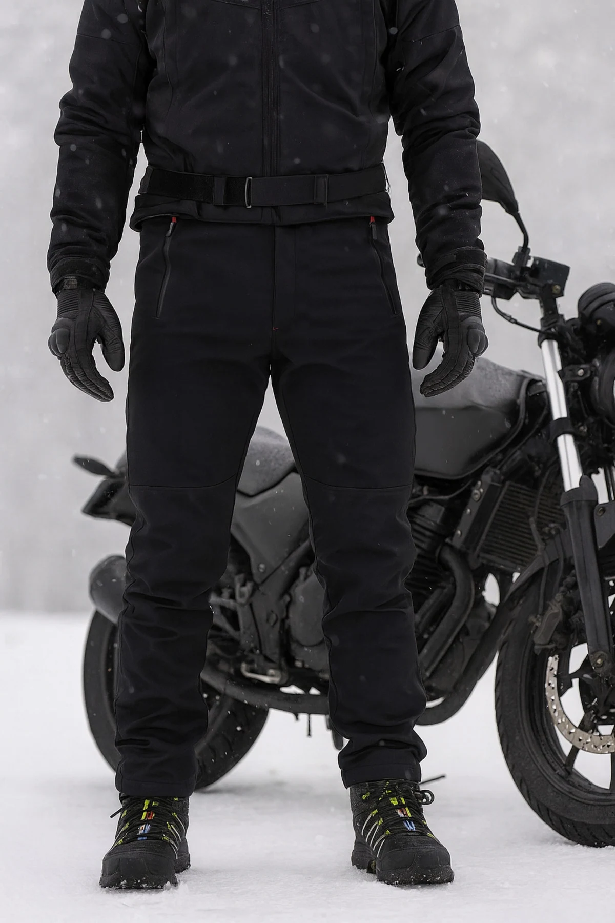 Siyah Polarlı Softshell Pantolon &mdash; motosiklet yanında kullanım konsepti