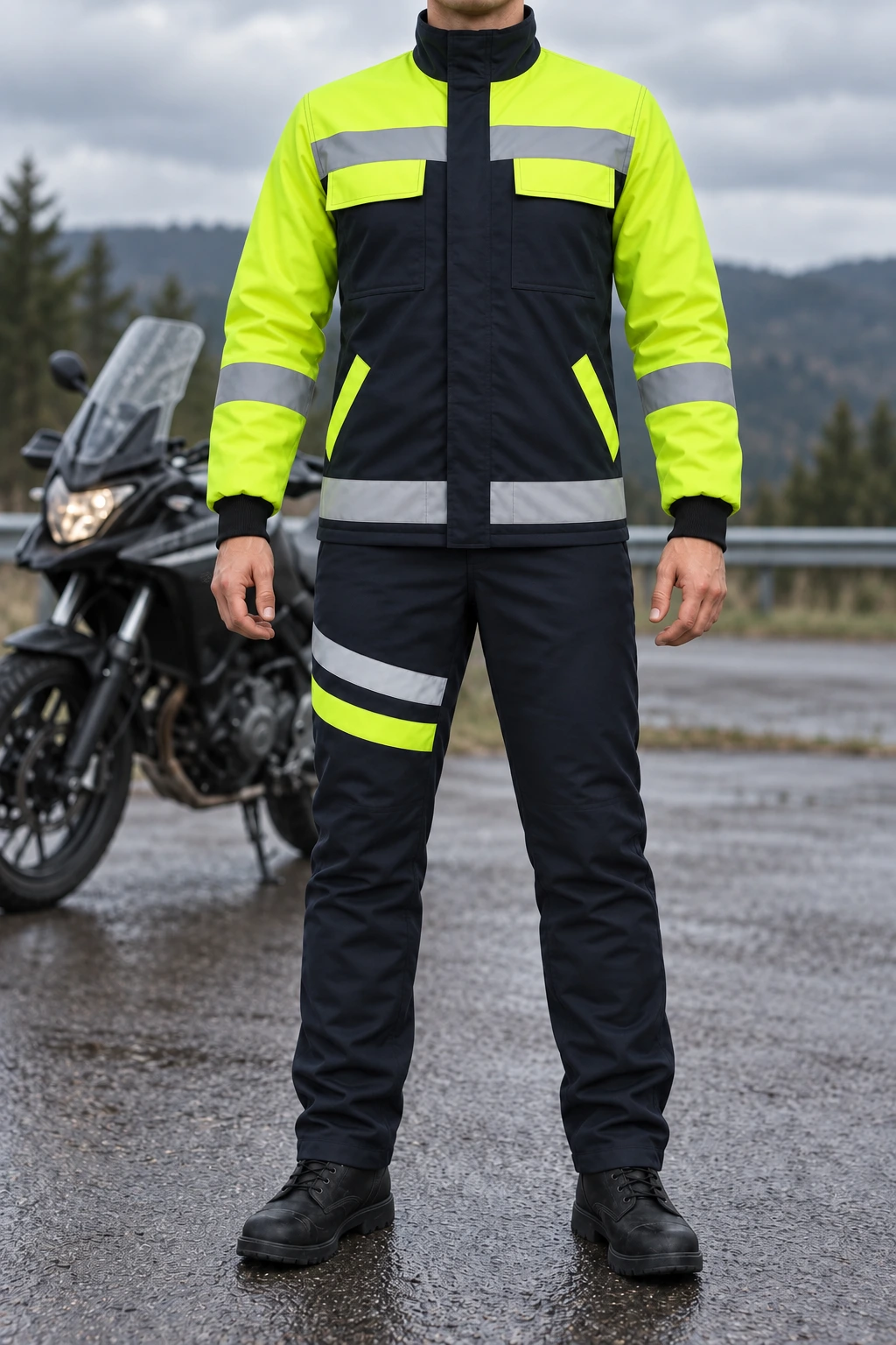 Sarı Lacivert Reflekt&ouml;rl&uuml; Mont ve Pantolon Takımı &mdash; motosiklet yanında kullanım konsepti